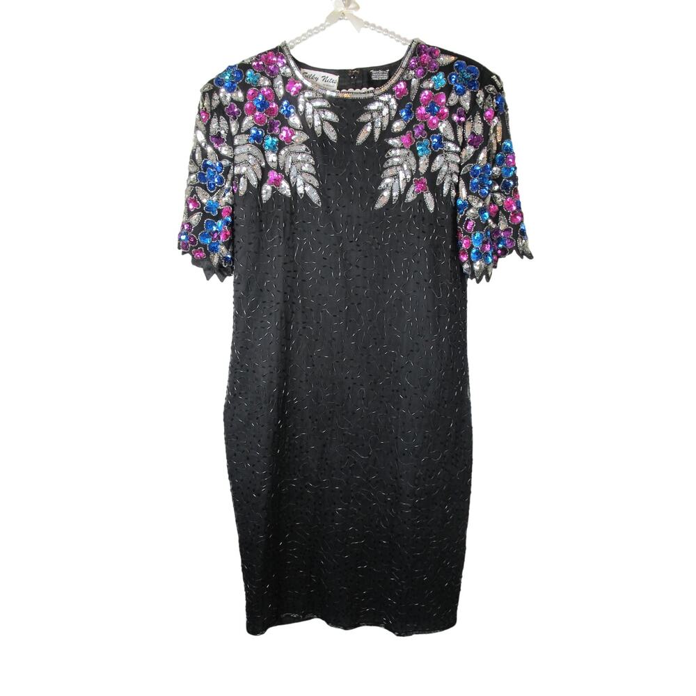 Silky Nites Vintage Sequin Bead Silk Disco Party Dress size M